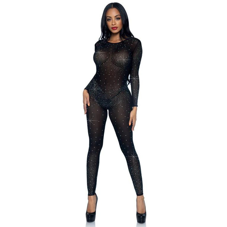 Leg Avenue Комбінезон  Sheer Rhinestone Long Sleeve Catsuit, чорний (714718558431) - зображення 1