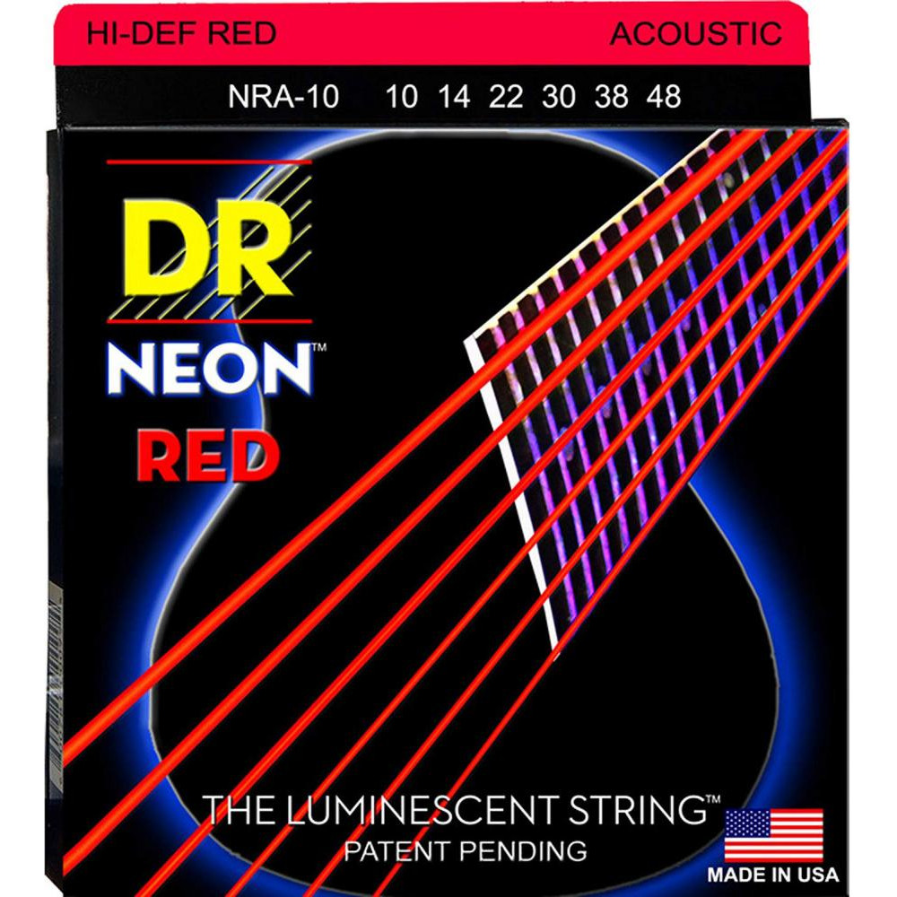 DR Струны для акустической гитары  NRA-10 Hi-Def Neon Red K3 Coated Extra Light Acoustic Guitar Strings - зображення 1