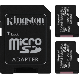   Kingston 64 GB microSDXC Class 10 UHS-I Canvas Select Plus Two Pack + SD Adapter SDCS2/64GB-2P1A