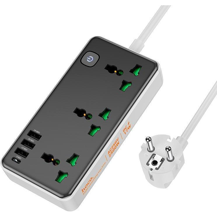 Hoco AC7A 3 розетки 1xUSB-C 3xUSB 1.5м Black - зображення 1