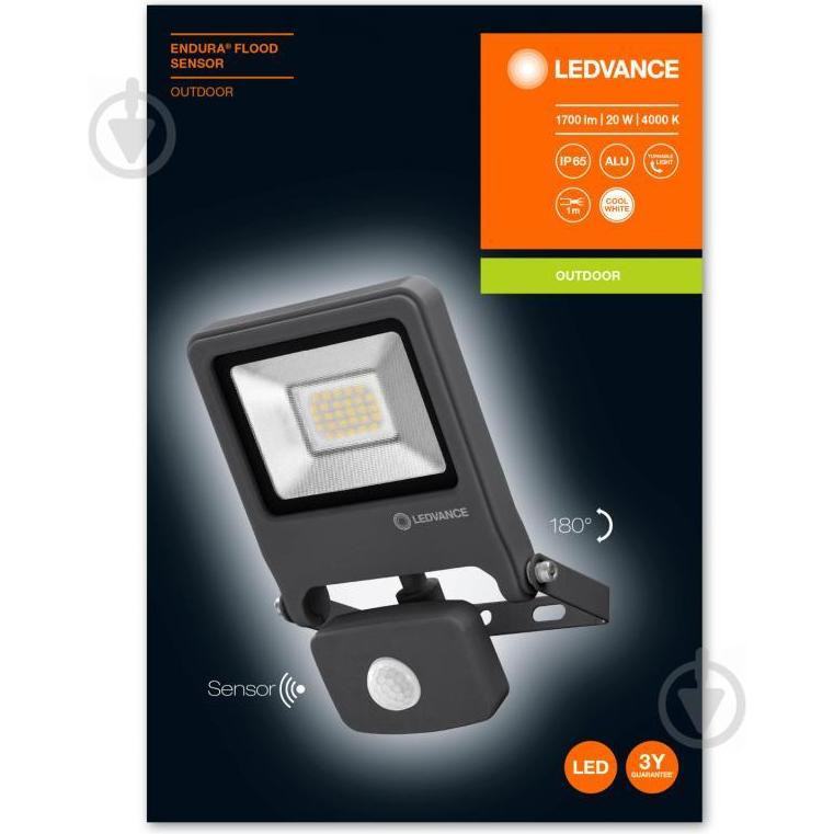 LEDVANCE Прожектор с датчиком движения Endura Flood LED 20 Вт IP44 черный (4058075206748) - зображення 1