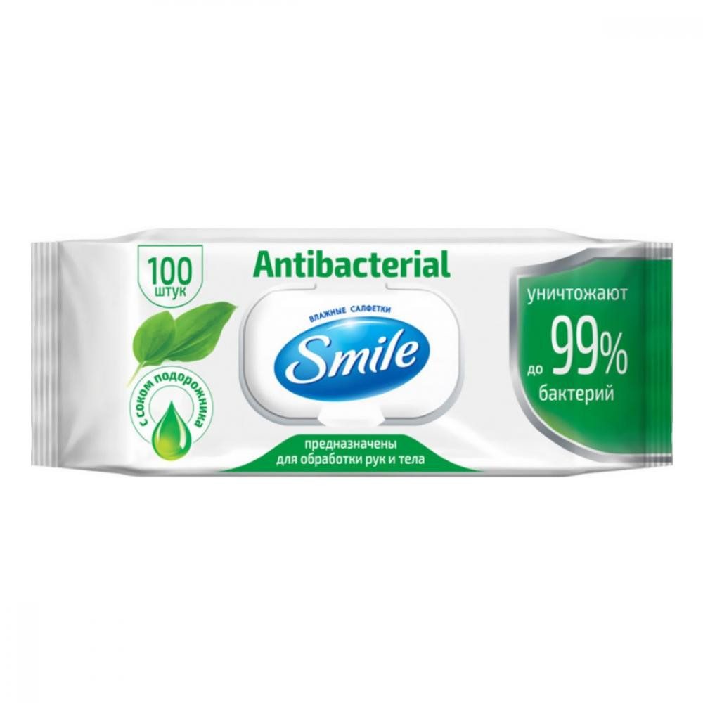 Smile Вологі серветки  Antibacterial із соком подорожника, 100 шт. - зображення 1