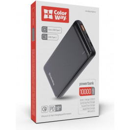   ColorWay 10000 mAh Slim USB QC3.0 + USB-C Power Delivery 18W Black (CW-PB100LPG3BK-PD)