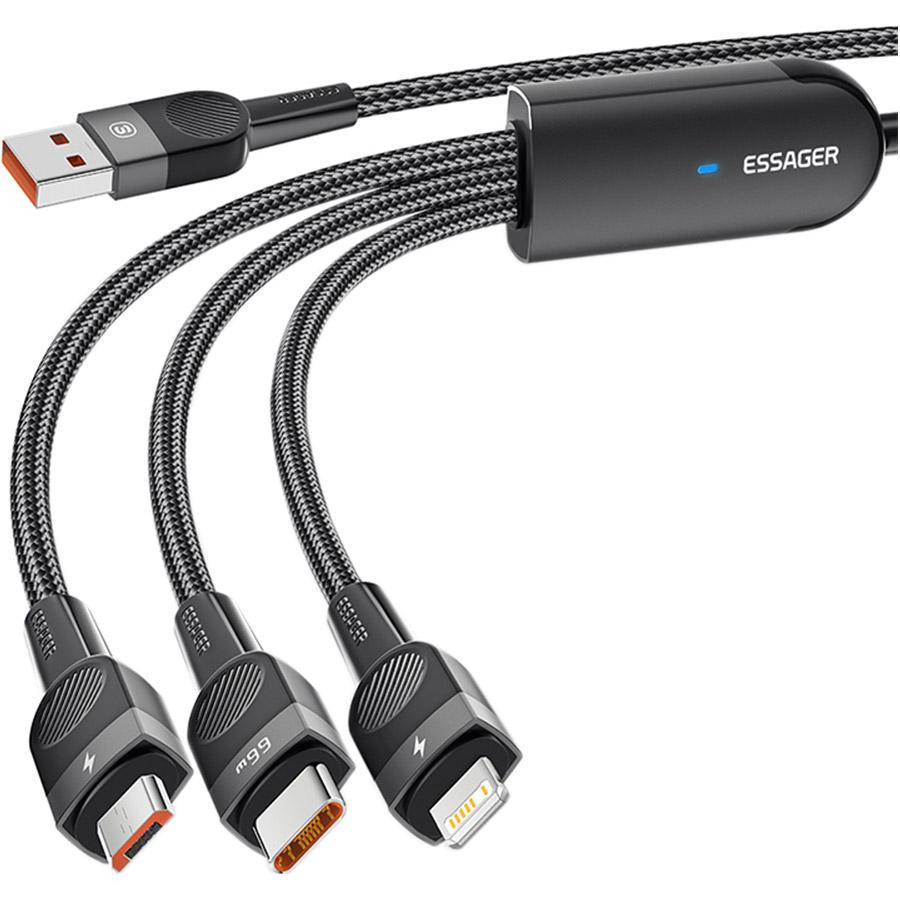 Essager Swift 66W 3-in-1 Charging Cable USB to Micro + Type-C + Lightning 1.2м Black (EXCMTL-XJ01) - зображення 1