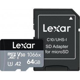   Lexar 64 GB microSDXC UHS-I U3 V30 A2 Professional 1066x SILVER + SD adapter LMS1066064G-BNANG