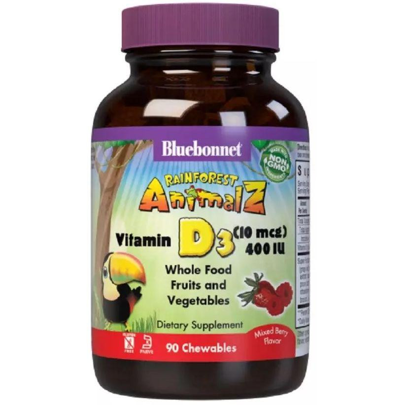 Bluebonnet Nutrition Rainforest Animalz Vitamin D3 400IU 90 chewable tabs Berry (for kids) - зображення 1