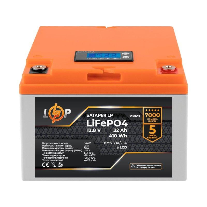 LogicPower LiFePO4 12,8V - 32 Ah 410Wh BMS 50А/25A пластик LCD (23829) - зображення 1