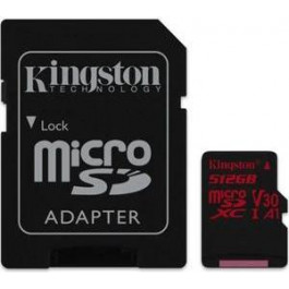   Kingston 512 GB microSDXC class 10 UHS-I U3 Canvas React + SD Adapter SDCR/512GB