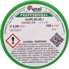   Cynel Припой без свинца Sn99,3-Cu0,7 проволочный на катушке с флюсом Cynel: O 1.5 мм, m = 250 г