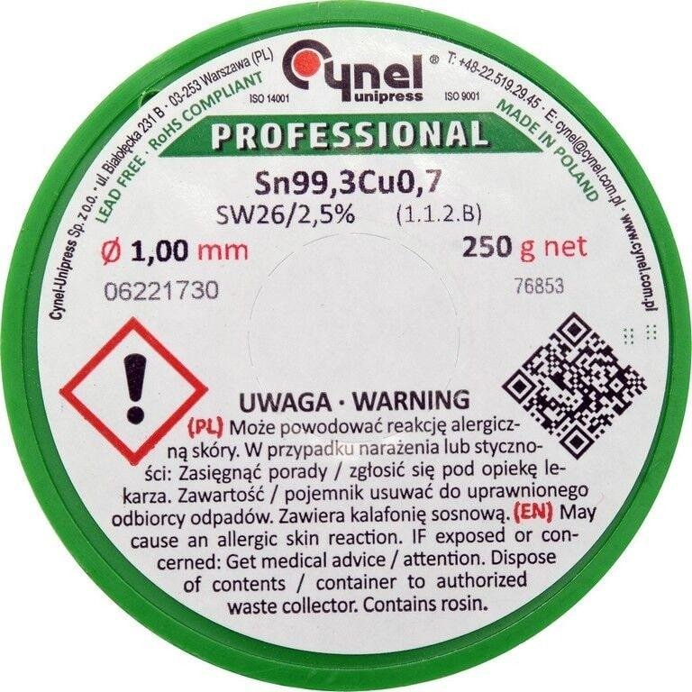 Cynel Припой без свинца Sn99,3-Cu0,7 проволочный на катушке с флюсом Cynel: O 1 мм, m = 250 г - зображення 1