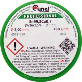   Cynel Припой без свинца Sn99,3-Cu0,7 проволочный на катушке с флюсом Cynel: O 2 мм, m = 250 г