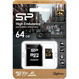   Silicon Power 64 GB MicroSDHC UHS-I U3 A1 V30 High Endurance + SD adapter (SP064GBSTXDV3V1HSP)