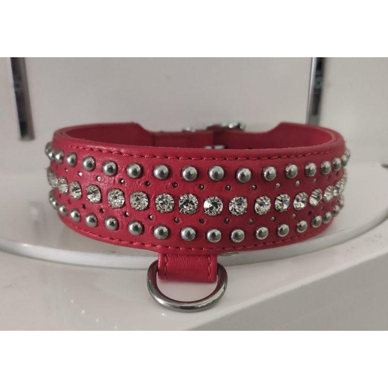 DS Fetish Ошейник Leather Rivet & Crystal, Red (F61246) - зображення 1