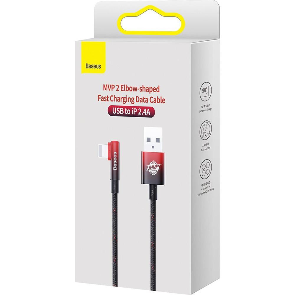 Baseus MVP 2 Elbow-shaped Fast Charging Data Cable USB to Lightning 2.4A 1m Black/Red (CAVP000020) - зображення 1