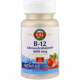   KAL Витамин B-12, B-12 Adenosylcobalamin, KAL, вкус клубники, 1000 мкг, 90 микротаблеток