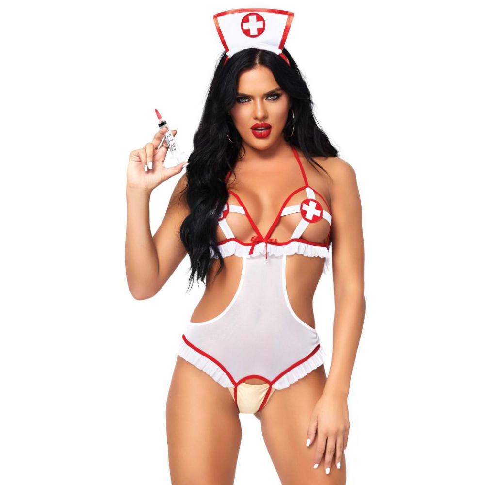 Leg Avenue Костюм медсестри  Roleplay Naughty Nurse білий: боді + шапочка () - зображення 1