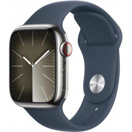   Apple Watch Series 9 GPS + Cellular 45mm Silver S. Steel Case w. Storm Blue S. Band - M/L (MRMP3)