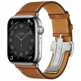   Apple Watch Series 7 Hermes LTE 45mm Sil. S.Steel Case w. Fauve S.Leather S.Tour Dep.Buckle (MKMG3+MKGE3)