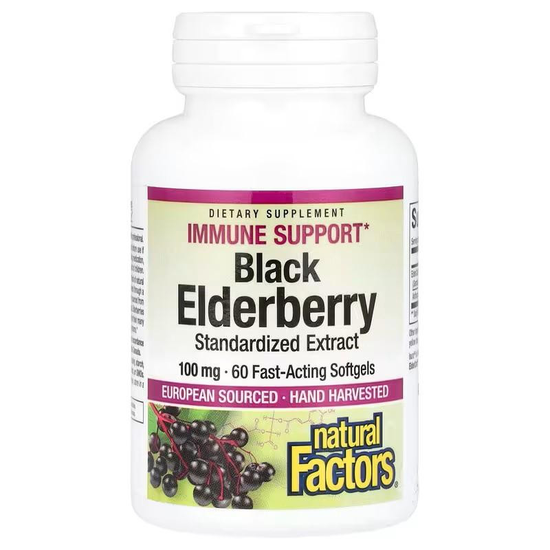 Natural Factors Black Elderberry, 100 mg, 60 Fast-Acting Softgels - зображення 1