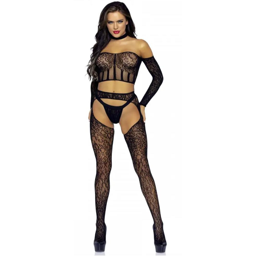 Leg Avenue Комплект  Lace Lingerie Set, чорний: топ + трусики-стрінги + колготки - зображення 1