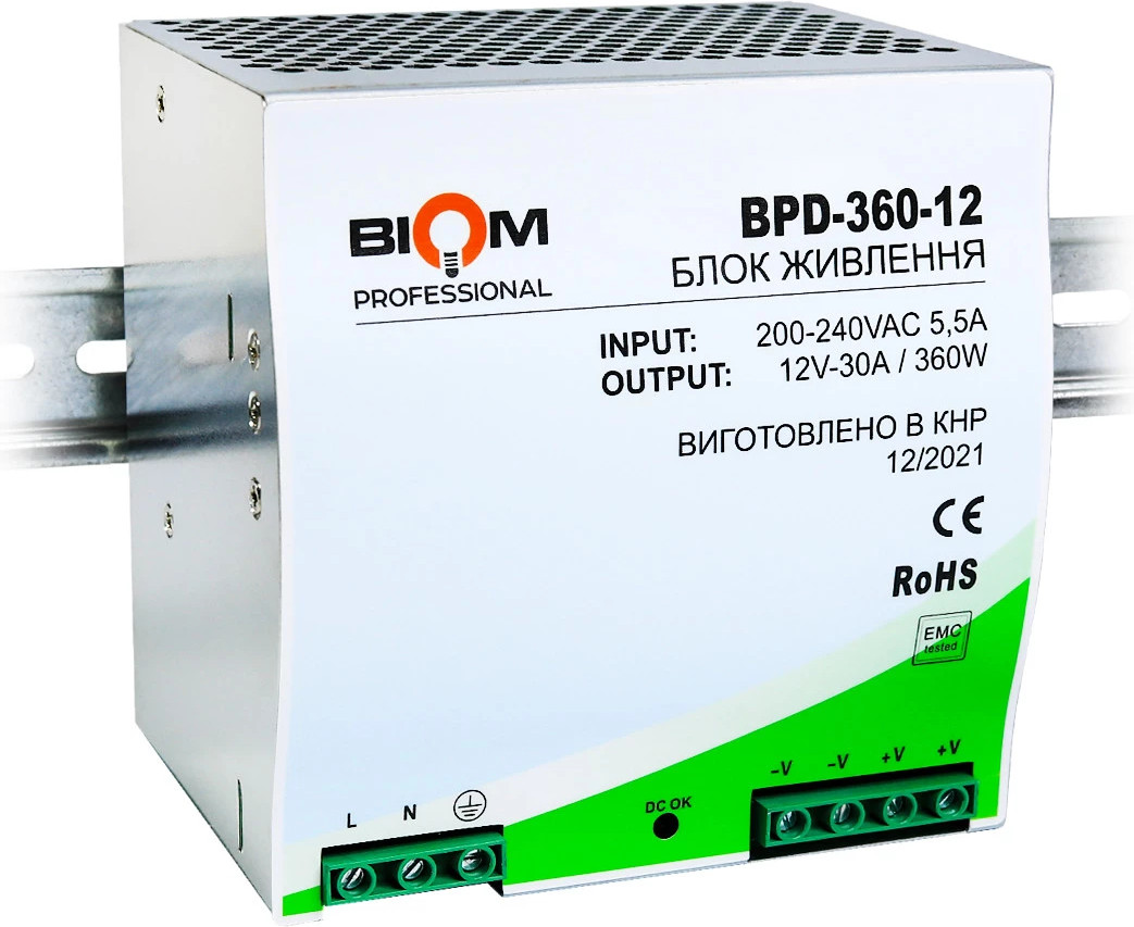 Biom на DIN-рейку TH35/ЕС35 360W 30A 12V IP20 BPD-360-12 (21774) - зображення 1