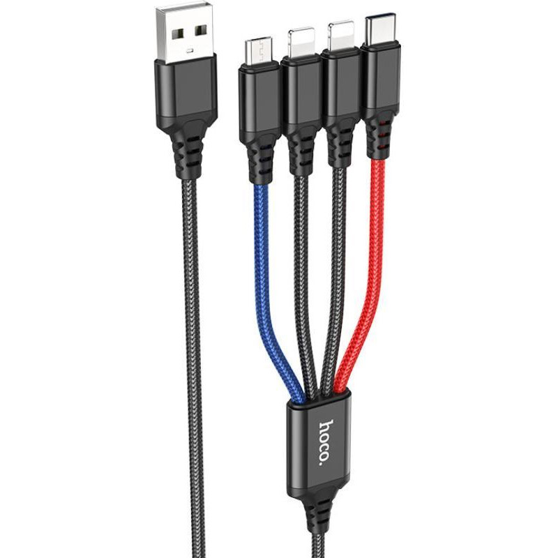 Hoco X76 4-in-1 USB-A to Lightning/Micro-USB/Type-C 1m Black/Red/Blue (6931474768643) - зображення 1