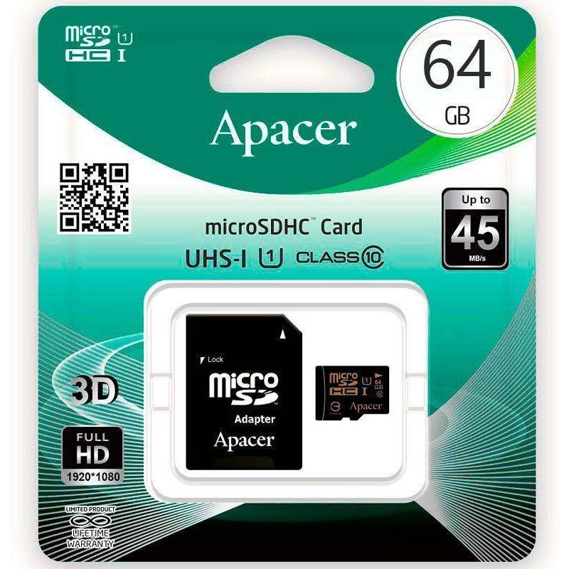 Apacer 64 GB microSDXC Class 10 UHS-I + SD adapter AP64GMCSX10U1-R - зображення 1