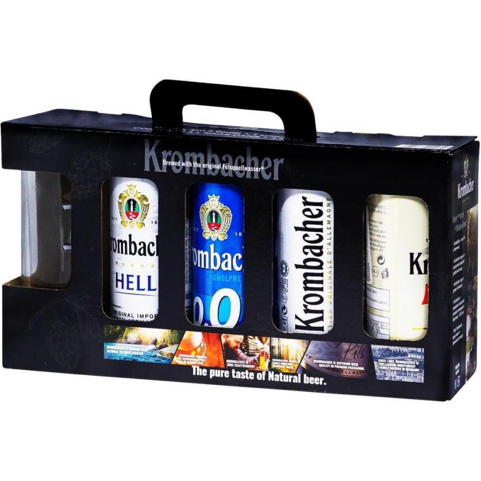 Krombacher Подарунковий набiр пиво  4*0.5 з/б (pils-1шт; пшеничне-1шт; hell-1шт; рils 0.5 б/а-1шт) + келих 0.4  - зображення 1