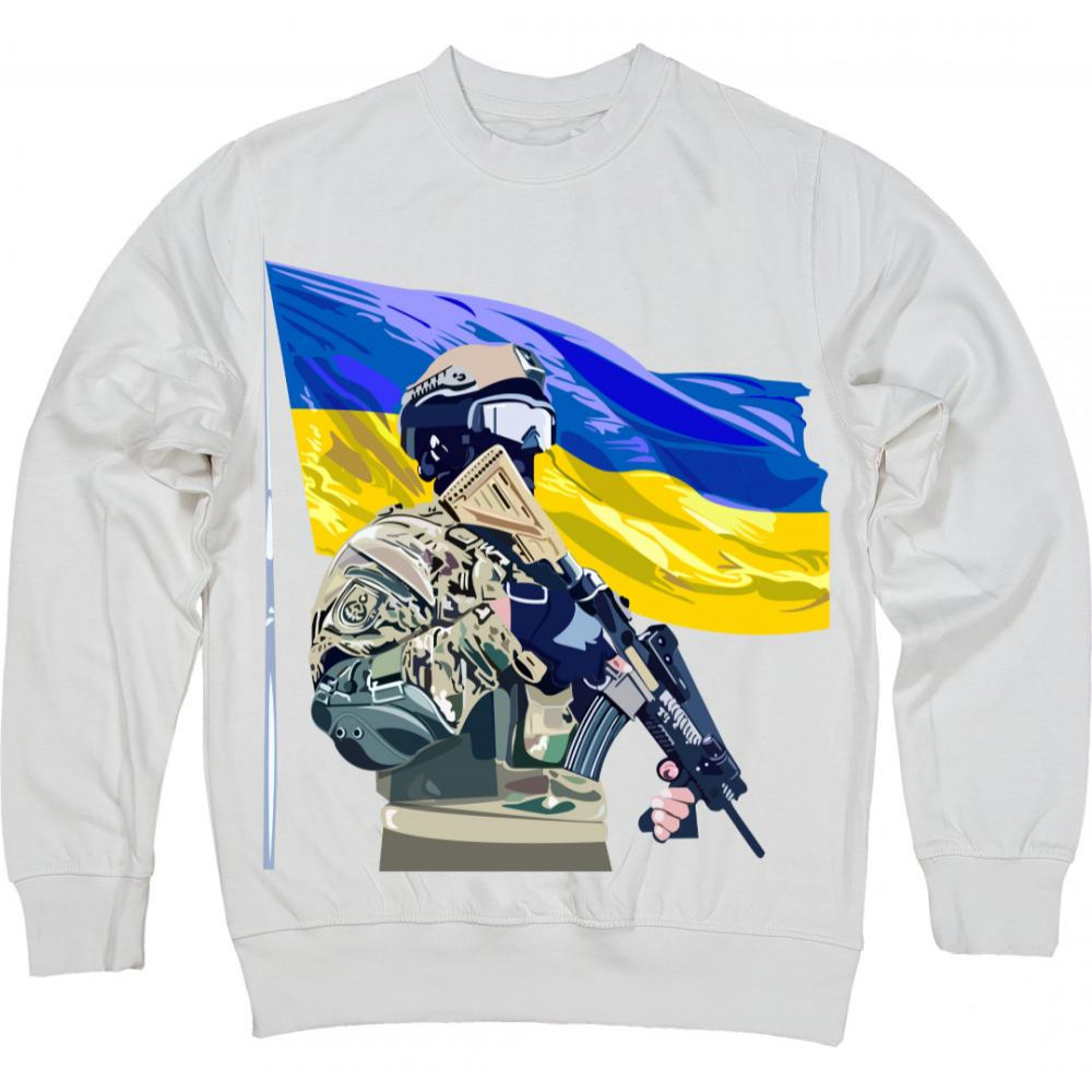 TKT Import Світшот бавовняний білий з принтом Ukrainian Flag and Warrior  7500110 S - зображення 1