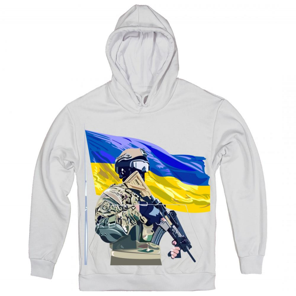 TKT Import Худі бавовняний білий із принтом Ukrainian Flag and Warrior  7000110 M - зображення 1