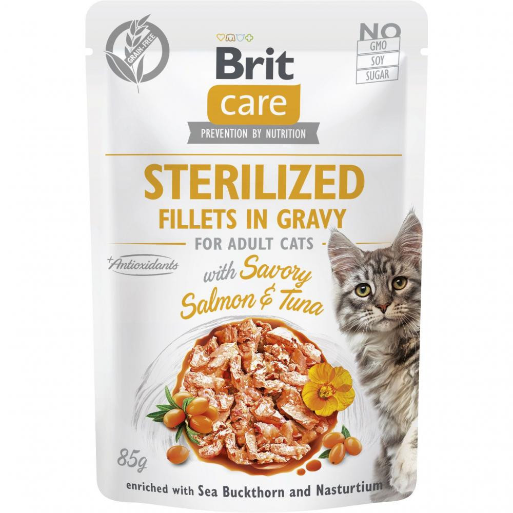 Brit Care Adult Sterilized Fillets in Gravy Savory Salmon and Tuna 85 г (8595602565290) - зображення 1