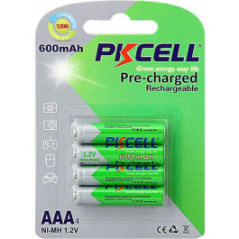   PKCELL AAA 600mAh, 1.2V Ni-MH, RTU rechargeable battery, 4pcs/card (AAA600-4B)