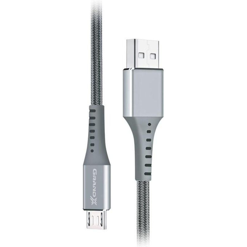 Grand-X USB-micro USB 3A 1.2m Fast Сharge Grey толст.нейлон оплетка премиум (FM-12G) - зображення 1