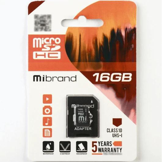 Mibrand 16 GB microSDHC Class 10 UHS-I + SD Adapter MICDHU1/16GB-A - зображення 1