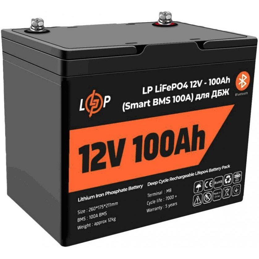 LogicPower LiFePO4 для ИБП 12V 12,8V - 100 Ah 1280Wh Smart BMS 100А с BT пластик (20197) - зображення 1