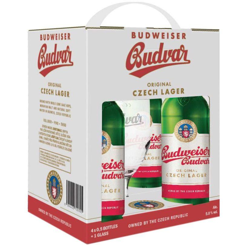 Budweiser Подарунковий набір пива  Budvar Original світле фільтроване 5% 0.5 л x 4 шт + келих 0.33 л (85944037 - зображення 1