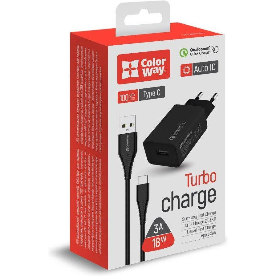 ColorWay 1USB Quick Charge 3.0 (18W) + Type-C Black (CW-CHS013QCC-BK) - зображення 1