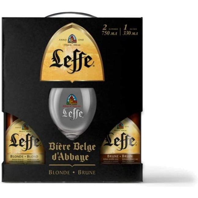 Leffe Подарочная упаковка  Blonde светлое фильтрованное 6.4% 0.75 л + Brune темное 6.5% 0.75 л + Бокал 0.3 - зображення 1