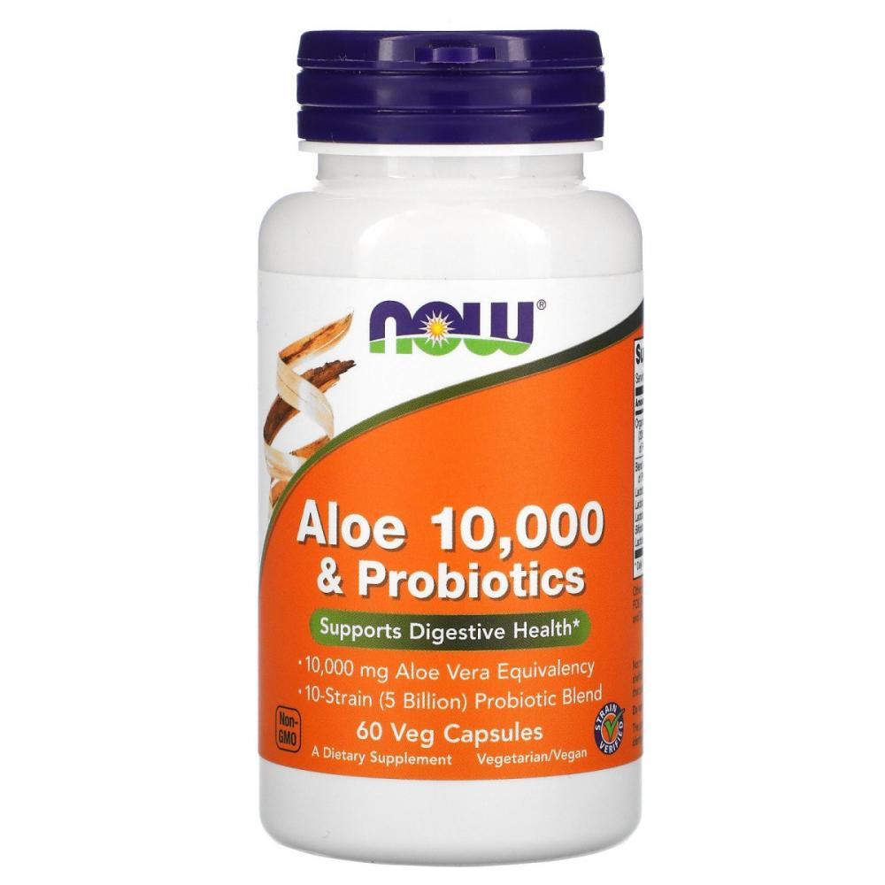 Now Алоэ вера 10000 и пробиотики, Aloe & Probiotics, , 60 капсул, (NOW-03029) - зображення 1