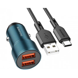   Borofone BZ19 Wisdom dual port car charger set Type-C Sapphire Blue (BZ19CSU)