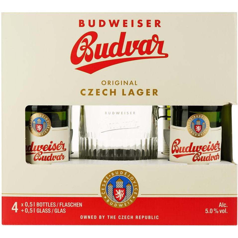 Budweiser Набір пива  5% (4 шт. х 0.5 л) + бокал (8594403707380) - зображення 1