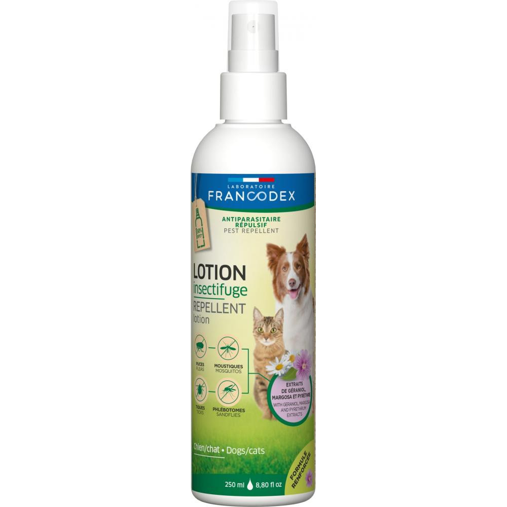 Francodex Repel Lotion Dog Cat лосьйон-спрей від бліх та кліщів для собак та котів, 250 мл (3283021754948) - зображення 1