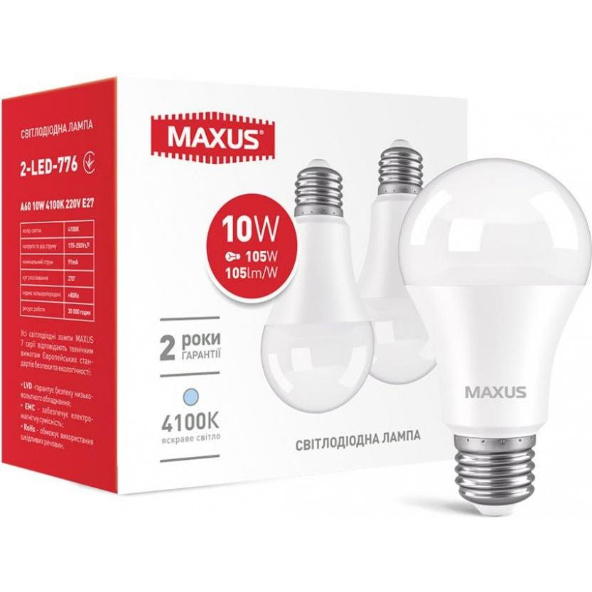 MAXUS LED A60 10W 4100K 220V E27 набор 2 шт (2-LED-776) - зображення 1