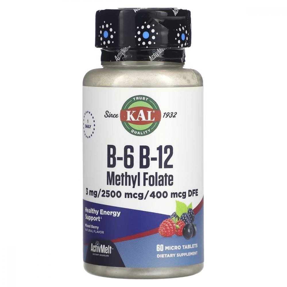 KAL Вітаміни B6+B12 та метилфолат, смак ягід, B6 B12 Methyl Folate, , 60 мікротаблеток - зображення 1