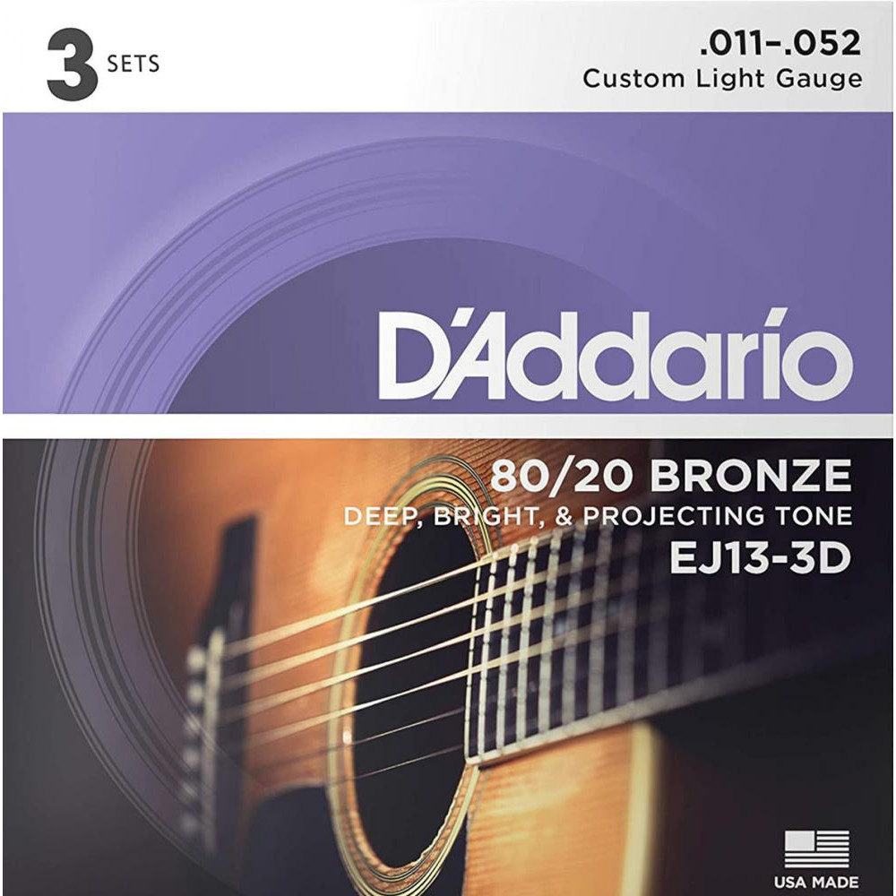 D'Addario Струны для акустической гитары  EJ13-3D 80/20 Bronze Custom Light Acoustic Guitar Strings 11/52 - зображення 1