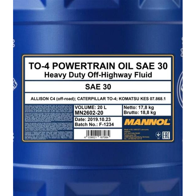 Mannol TO-4 Powertrain Oil SAE 30 20л - зображення 1