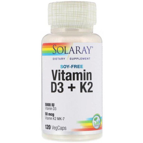 Solaray Витамин D3+K2, Soy-Free Vitamin D3 + K2, Solaray, 120 вегетарианских капсул - зображення 1