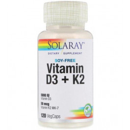   Solaray Витамин D3+K2, Soy-Free Vitamin D3 + K2, Solaray, 120 вегетарианских капсул