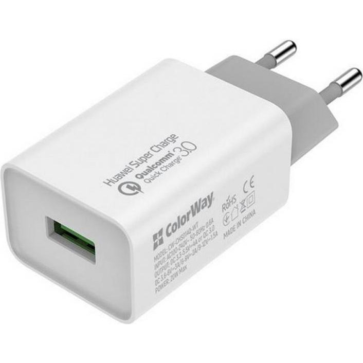 ColorWay 1 USB Huawei Super Charge/Quick Charge 3.0, 4A (20W) White (CW-CHS014Q-WT) - зображення 1