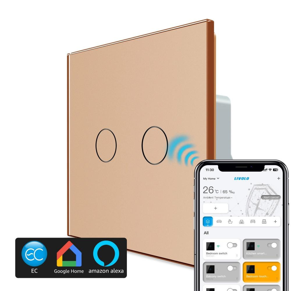 Livolo Розумний сенсорний ЕС вимикач 2 сенсори  золотий скло (VL-M7FC2Z2-2AP) - зображення 1
